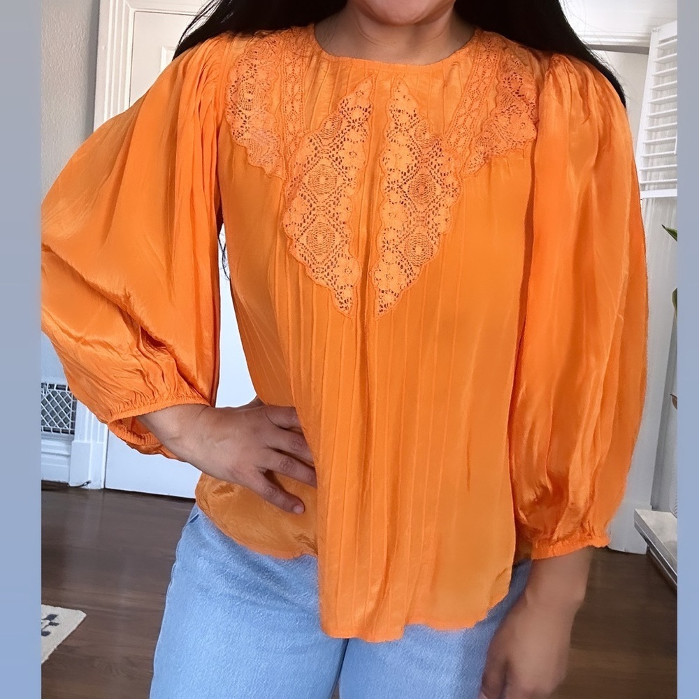 Farm Rio Tangerine Orange Lace Trim Top